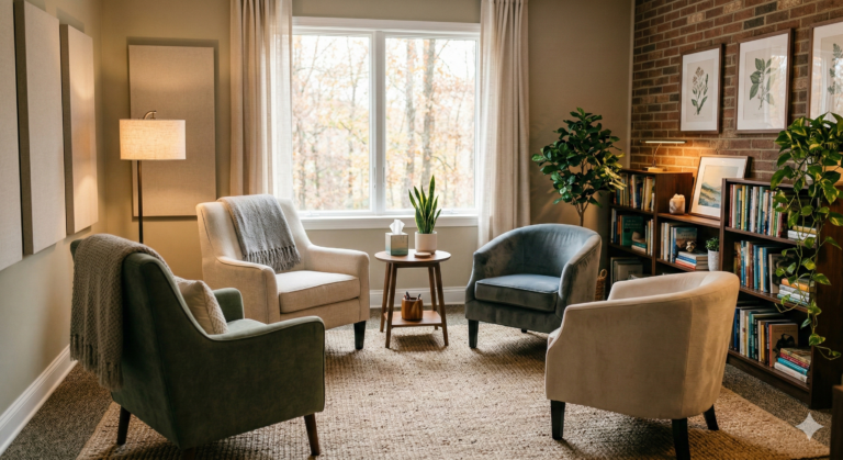 a room for mental health therapy with four chairs