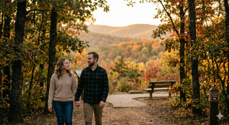 a happy couple taking a walk at a park in NWA