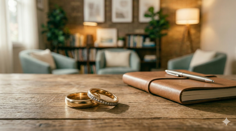 wedding rings on a wooden table with a journal next to them